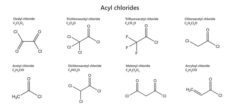 Group of acyl chlorides. 2D structure: Oxalyl, acetyl, trichloroacetyl, dichloroacetyl, trifluoroacetyl, malonyl, chloroacetyl, acryloyl -- chlorides. White background. 3D illustration