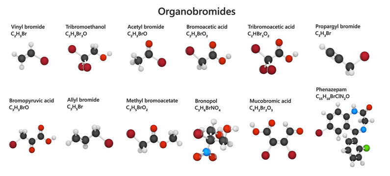 Collection of Organobromides. Organic compounds that contain one or more carbon-bromine (C-Br) bonds. Applications in organic synthesis, industry and pharmaceuticals. White background. 3D illustration