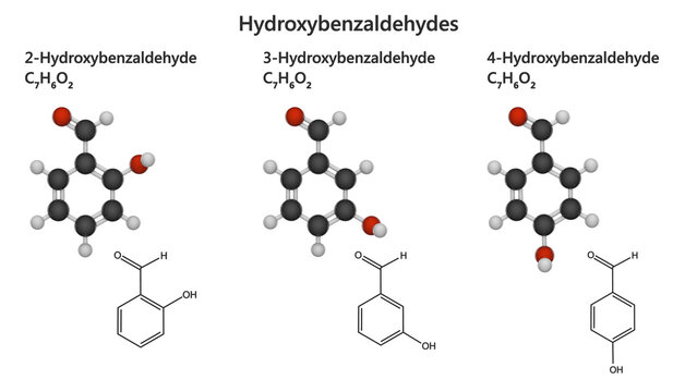 Set of Hydroxybenzaldehydes. Group of organic compounds with formula C7H6O2, featuring a hydroxyl (-OH) group and an aldehyde (-CHO) group on a benzene ring. White background. 3d illustration