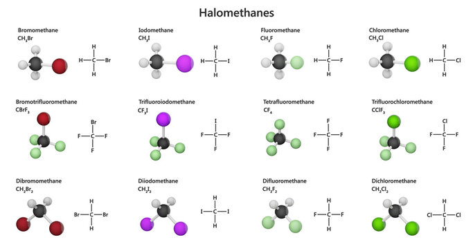 Collection of Halomethanes, are organic compounds derived from methane, where one or more hydrogen atoms are replaced by halogen atoms (F, Cl, Br, I). White background. 3D illustration.