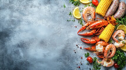 Cooked Seafood and Corn with Sausage on Gray Surface