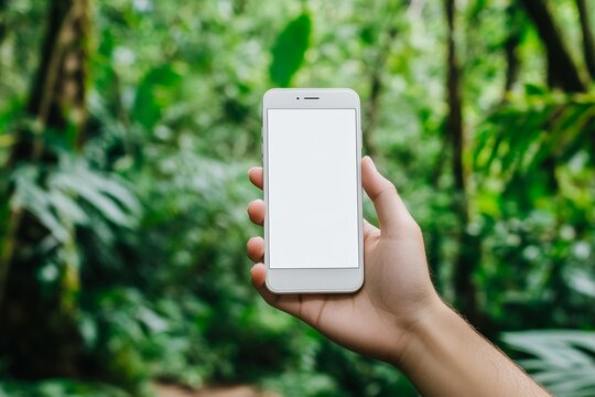 Hand holding smartphone with blank screen in lush green jungle environment