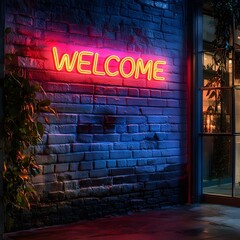 Vibrant Neon Welcome Sign on Brick Wall at Night Glowing Entrance