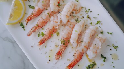 Cooked Shrimp Platter with Lemon and Parsley Garnish