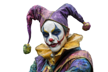 Colorful clown performance festival portrait outdoor isolated on transparent background