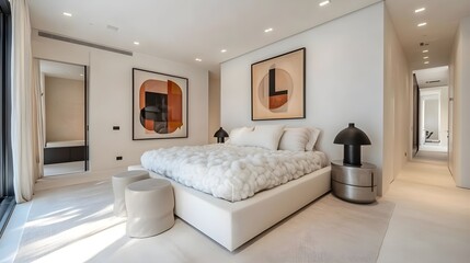 Luxurious Modern Bedroom Interior Design with Abstract Art Plush Bed and Minimalist Decor