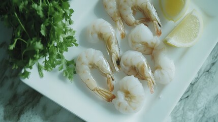 Cooked Shrimp with Parsley and Lemon on White Plate
