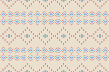 seamless tribal geometric pattern featuring intricate diamond and triangular shapes. The design incorporates soft pastel tones, including a cream background with light brown, orange, and blue accent