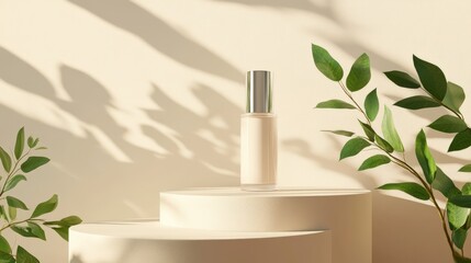 Cream Cosmetic Product on White Platform with Green Leaves and Soft Sunlight Shadows
