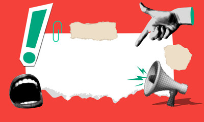 Contemporary collage banner with pointing hand, screaming mouth, bullhorn and torn paper. Modern halftone elements cut from newspaper. Advertising banner