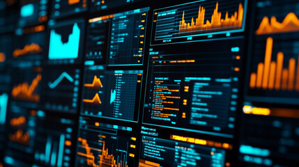 Digital Data Analytics Screen Display Orange Blue Graphs Charts Technology Code Market Growth System