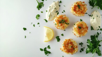 Crispy Crab Cakes with Creamy Sauce and Parsley Garnish