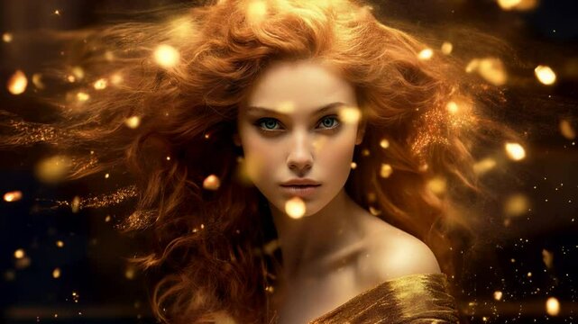 Zodiac sign of Virgo, portrait of young woman with gold shiny, girl model at fantasy party, concept of astrology, fashion. 