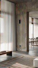 Fototapeta premium Modern Minimalist Living Room Interior Design with Concrete Wall Sheer Curtains and Wooden Bench