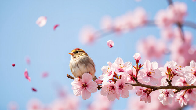 Small sparrow perched on cherry blossom branch, springtime beauty