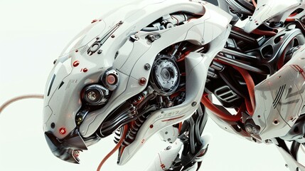 Cybernetic Beast: A close-up view of a futuristic, biomechanical creature, its intricate design revealing a blend of sleek metal and organic elements.