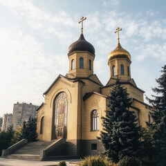 Fototapeta premium Golden domes and serene architecture of a beautiful church in a quiet urban area under a clear sky