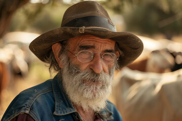 Fototapeta premium Generative AI Portrait of Male Farmer in Rural Environment with Agricultural Machines Ranch Harvesting Work