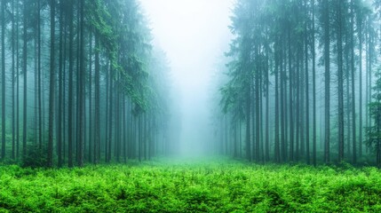 Obraz premium Misty forest path, green ferns, nature scene, calming background