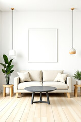 minimalist beige sofa in a bright living room with blank frame
