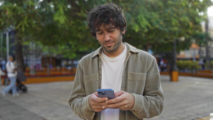 Young man standing in an urban park street holding a smartphone, surrounded by trees, depicting a...