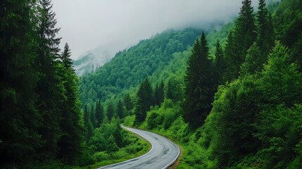 Fototapeta premium Serene Winding Road Through Lush Green Forest and Foggy Mountains