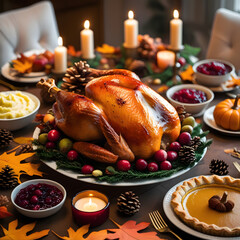 This beautifully arranged Thanksgiving table captures the warmth and comfort of the holiday season. At the heart of the spread is a golden roasted turkey,