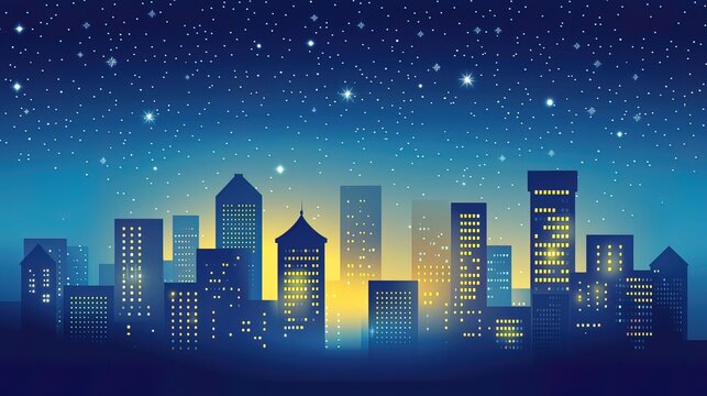 City skyline at night with illuminated buildings and starry sky.