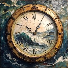 Fototapeta premium Ornate Gold Clock Face with Ocean Wave Painting Nautical Timepiece Art