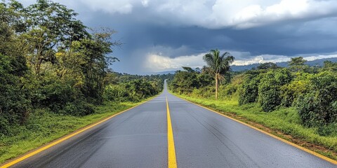 Fototapeta premium A close-up of a smooth, gray asphalt road bisected by a vivid yellow line, framed by vibrant, lush greenery that cascades along its edges