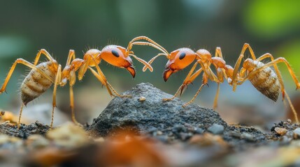 Fototapeta premium Two orange ants facing off on a rock in a natural setting