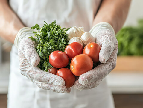 Fresh ingredients held in gloved hands, showcasing vibrant tomatoes, garlic, and herbs. perfect representation of healthy cooking
