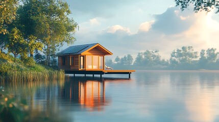 Obraz premium Lakeside Cabin with Solar Panels Eco-Friendly Getaway.