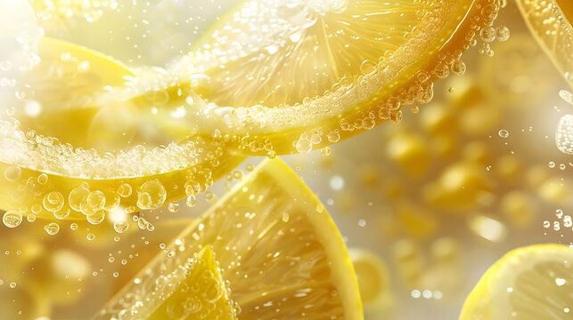 Fresh lemon slices with bubbles in a bright, refreshing background, ideal for beverage promotions