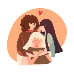 A warm illustration of three women in a tender embrace, symbolizing love, support and harmony. The concept of female friendship, polyamorous relationships, open relationships
