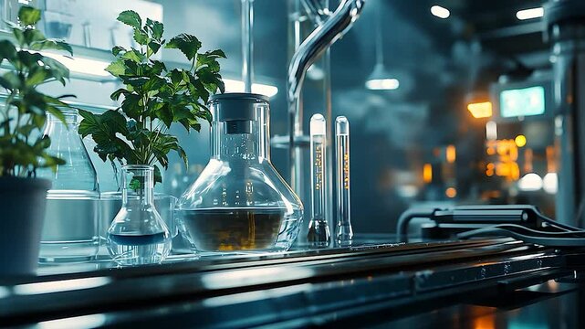 Fantasy animation scene laboratory research. A close-up of a scientific experiment in progress, highlighting the delicate glass flasks filled with colorful liquids and a vibrant green plant in the bac