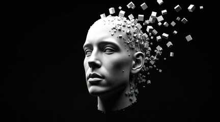 Geometric voxel portrait of a male face in grayscale cubic pixels, abstract digital decomposition, scattered pixel fragments, melancholic expression, conceptual minimalist aesthetic, futuristic low-po