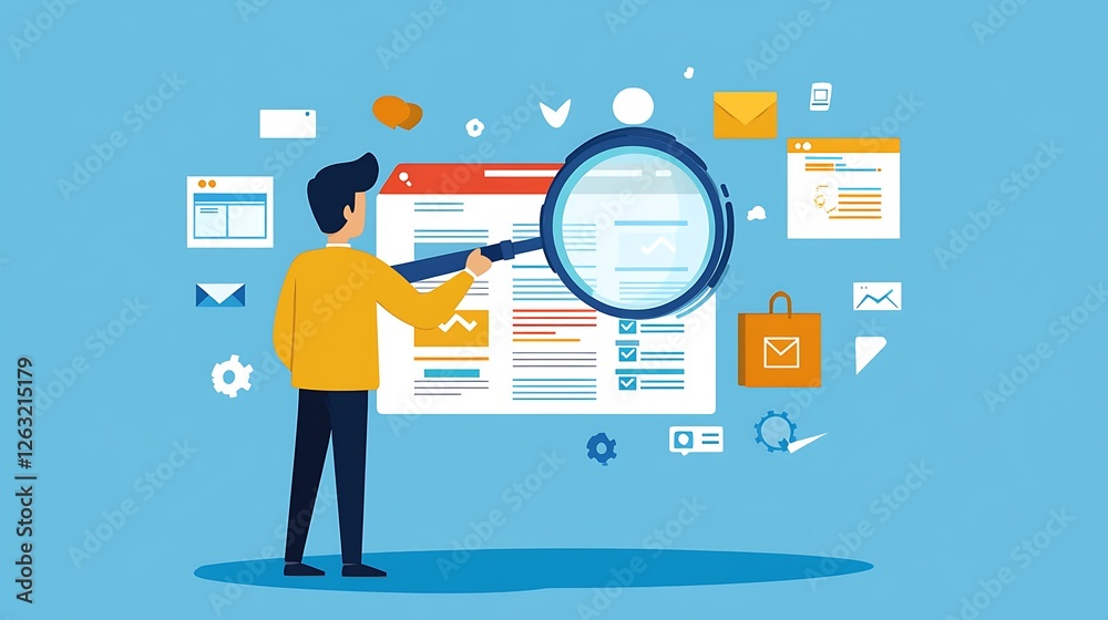 Poster man using magnifying glass to analyze website data and marketing performance.