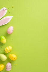 Decorative vertical Easter eggs with various patterns and bunny ears arranged on vibrant green background
