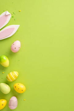 Naklejki Decorative vertical Easter eggs with various patterns and bunny ears arranged on vibrant green background