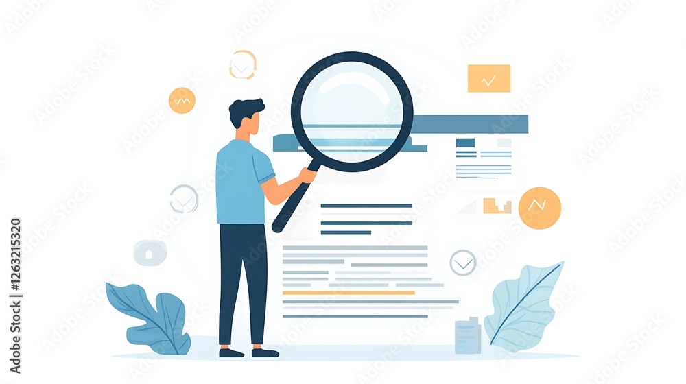 Poster man using magnifying glass to analyze data on document.