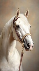 Obraz premium Hyperrealistic portrait featuring a graceful arabian horse with a stunning white coat in a serene studio setting