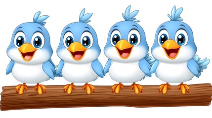 Fototapeta premium Cheerful Cartoon Blue Birds on a Branch Celebrating Friendship Together