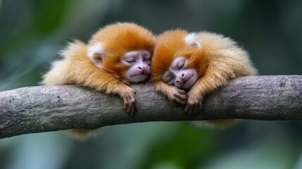Obraz premium Two sleeping golden leaf monkeys on a branch in a jungle