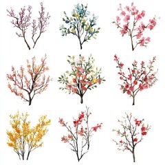 Obraz premium Nine Watercolor Paintings of Blooming Trees