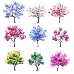 Obraz premium Nine Watercolor Paintings Of Blossoming Trees In Various Colors