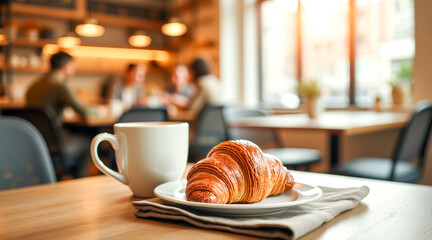 golden-brown croissant and a cup of coffee on a wooden table in a cafe