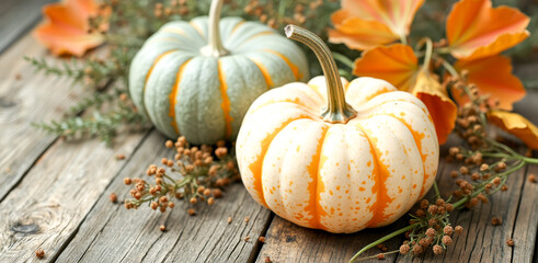two decorative pumpkins with autumn leaves on wooden surface