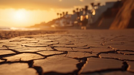 Obraz premium A serene beach at sunset, showcasing cracked earth and coastal scenery, creating a dramatic interplay of light and texture.