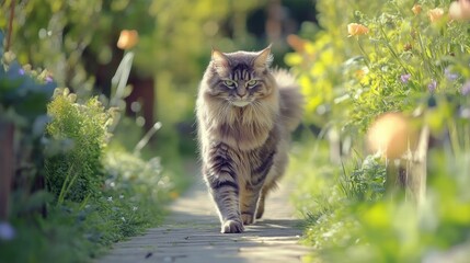 Maine Coon Cat Walking Gracefully Along a Garden Path